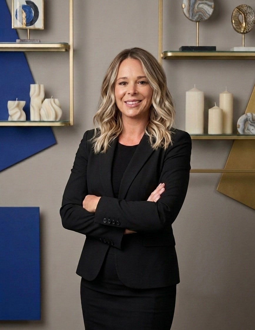AMEE, on-location hairstylist, smiling in a tailored black suit