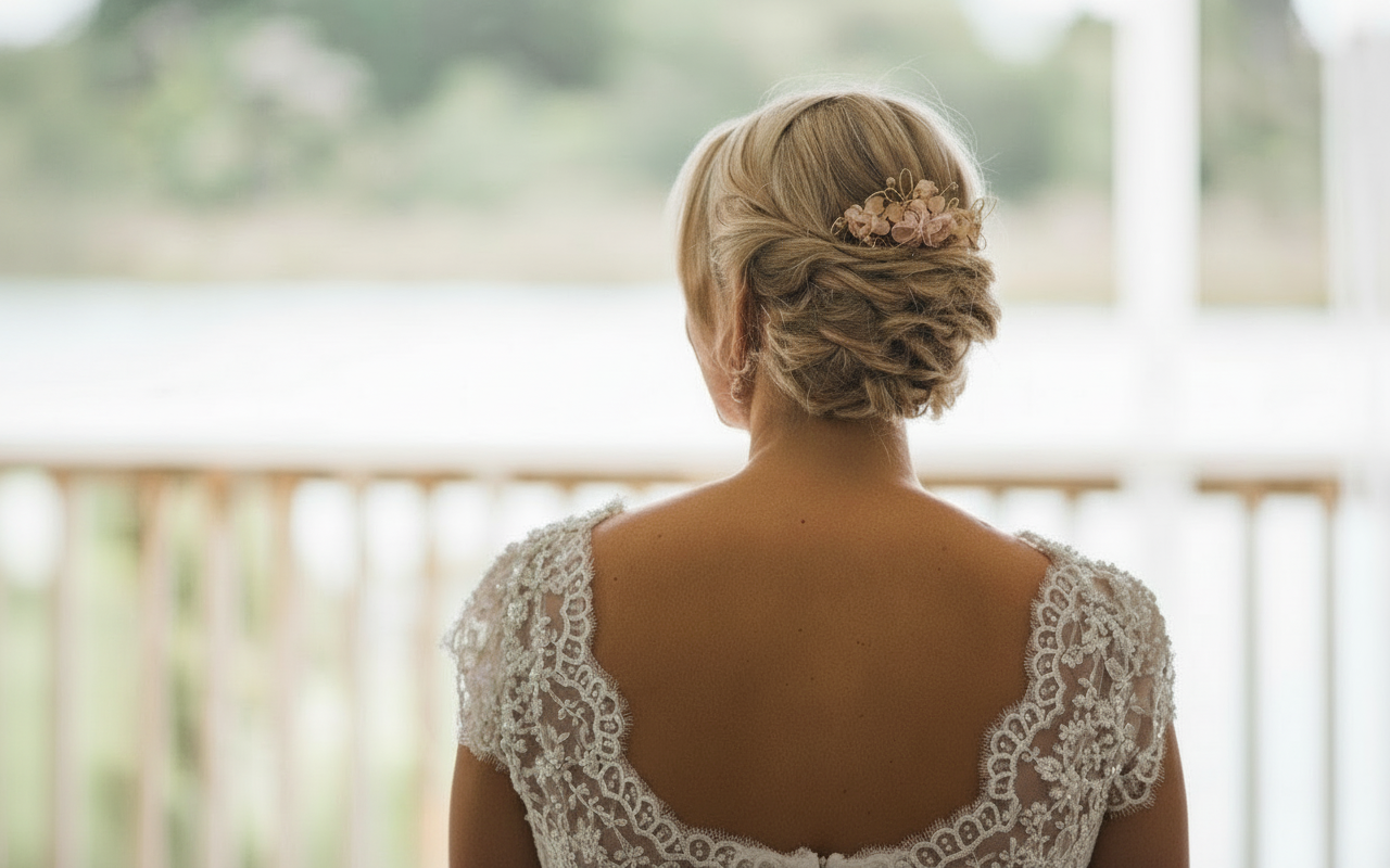Bride with a braided updo and lace dress