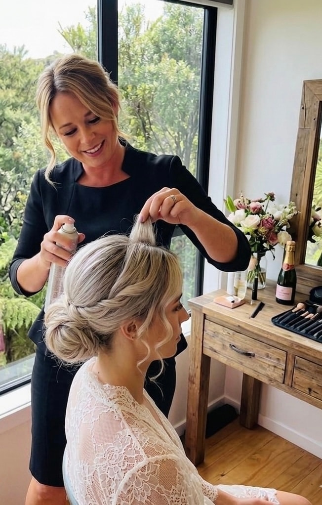 Hairstylist styling a bride's updo on location